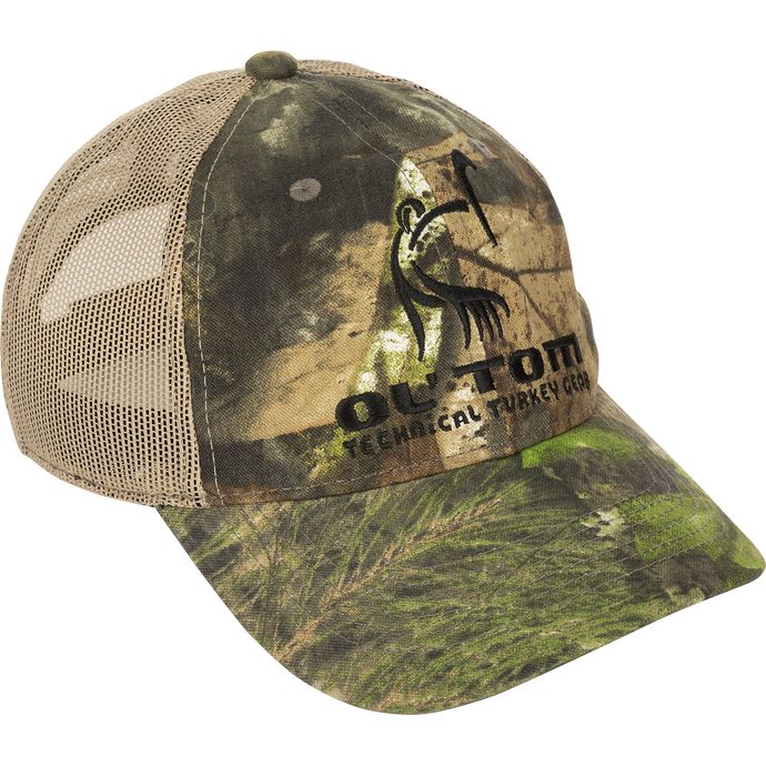 Camo Mesh Back Ol' Tom Logo Cap with low-profile fit, mesh back panels, and Velcro adjustment, featuring Ol' Tom logo on the front.