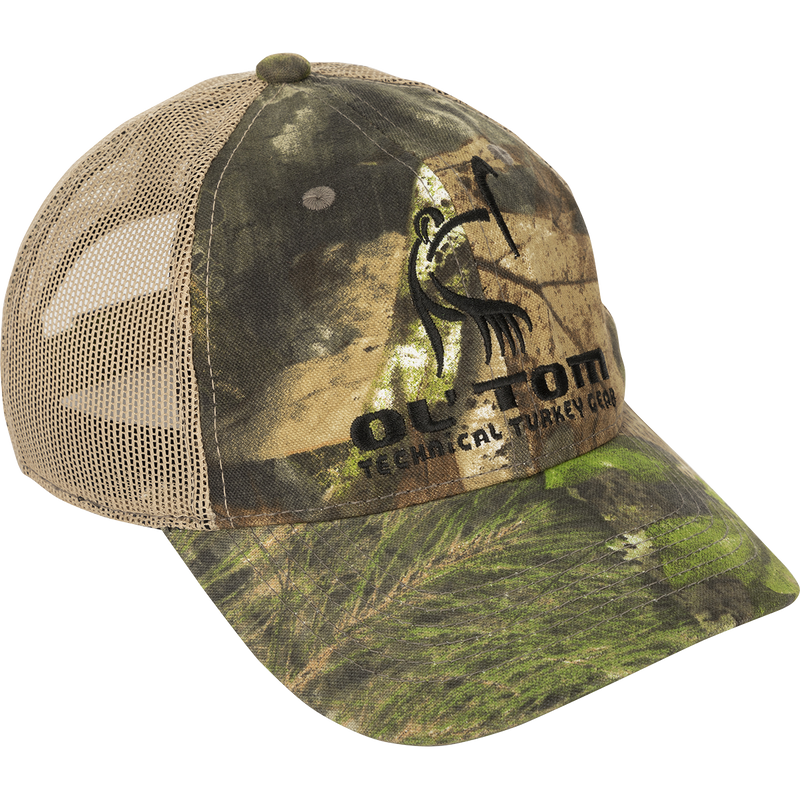 Camo Mesh Back Ol' Tom Logo Cap with low-profile fit, mesh back panels, and Velcro adjustment, featuring Ol' Tom logo on the front.