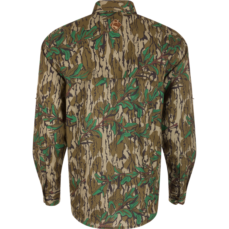 Backside of Youth Wingshooter Trey Long Sleeve Shirt with camouflage pattern, featuring vented cape back, button-down collar, two chest pockets, and built-in sunglass wipe, ideal for outdoor activities.