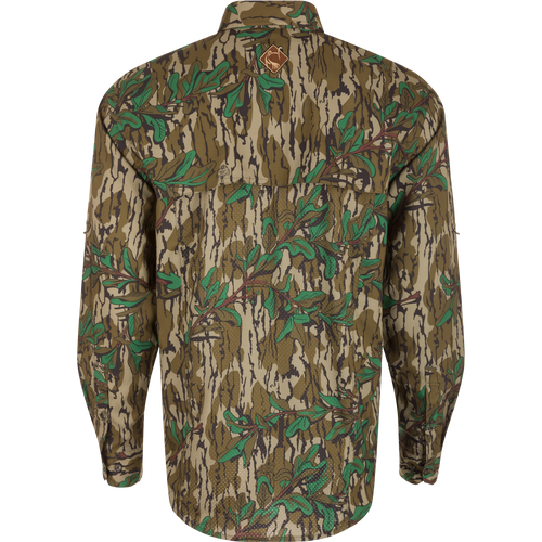 Backside of Youth Wingshooter Trey Long Sleeve Shirt with camouflage pattern, featuring vented cape back, button-down collar, two chest pockets, and built-in sunglass wipe, ideal for outdoor activities.