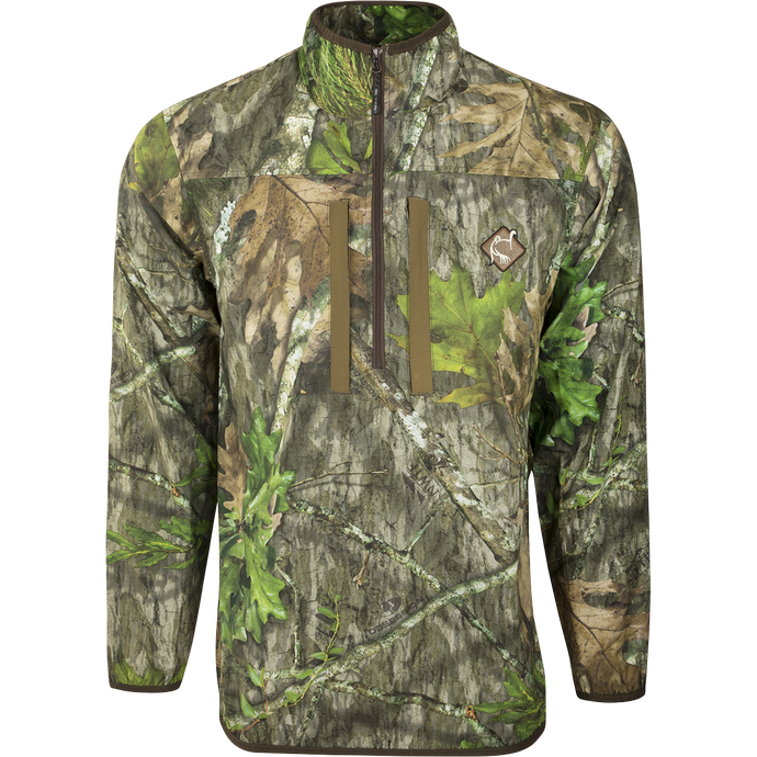 Tech 1/4 Zip with Spine Pad: Camouflage jacket with logo, zipper, and pockets. Lightweight polyester construction with four-way stretch technology. Perfect for early morning chill.