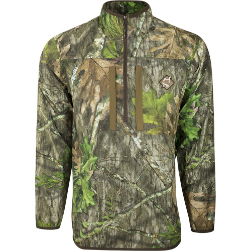 Tech 1/4 Zip with Spine Pad: Camouflage jacket with logo, zipper, and pockets. Lightweight polyester construction with four-way stretch technology. Perfect for early morning chill.