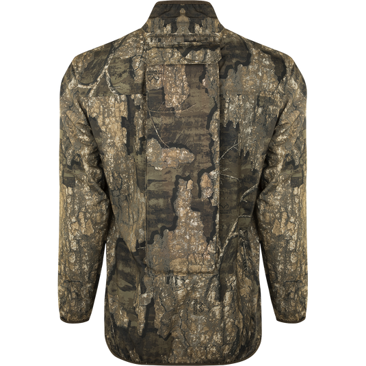 A close-up of the Tech 1/4 Zip with Spine Pad, a camouflage jacket with various chest pockets and a removable spine pad for comfort.