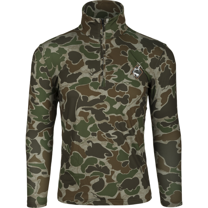 Ol' Tom Performance Quarter Zip with camouflage pattern, featuring a deep front zipper and semi-structured collar for optimal ventilation and sun protection during turkey hunting.