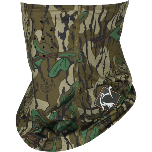 Youth Performance Facemask featuring a camouflage design with a white swan, tailored for ages 8-12, enhancing comfort and breathability for young hunters.