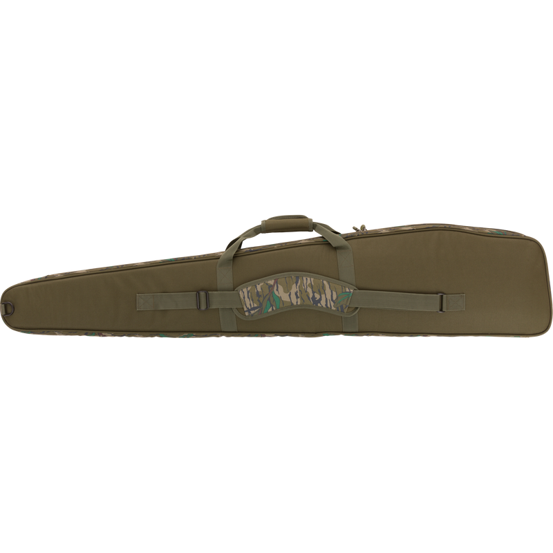 Turkey Gun with Optics Case featuring a camouflage pattern, designed for safe shotgun transport with specialized pockets for hunting essentials and a padded shoulder sling.