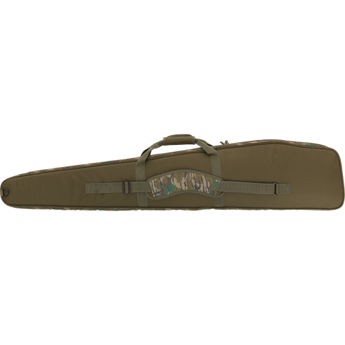 Turkey Gun with Optics Case featuring a camouflage pattern, designed for safe shotgun transport with specialized pockets for hunting essentials and a padded shoulder sling.