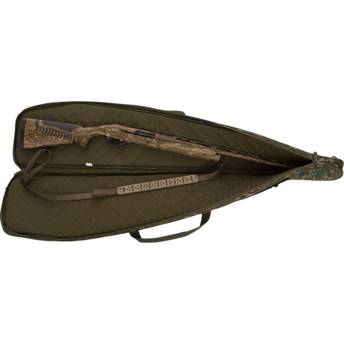 Turkey Gun with Optics Case featuring specific storage pockets, padded shoulder sling, and 52 capacity for transporting shotguns safely.