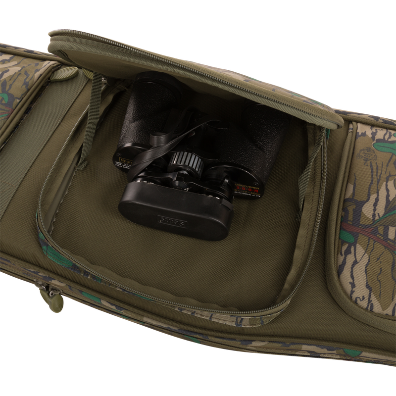 Turkey Gun with Optics Case featuring a rugged design, visible binocular compartment, and specialized pockets for turkey hunting essentials. Designed for secure transport and organization.