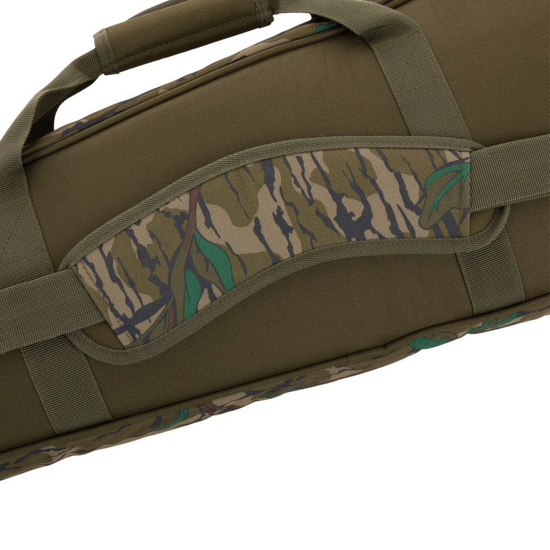 Turkey Gun with Optics Case featuring camouflage fabric, close-up of rugged HD2™ material, visible pockets, fabric strap, and padded shoulder sling for hunting gear storage.