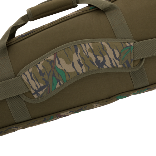 Turkey Gun with Optics Case featuring camouflage fabric, close-up of rugged HD2™ material, visible pockets, fabric strap, and padded shoulder sling for hunting gear storage.