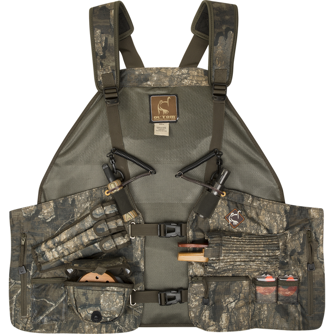 Time & Motion™ Easy-Rider Turkey Vest with multiple quick-draw pouches, T-Beam back pad, adjustable straps, and removable padded rear seat cushion.