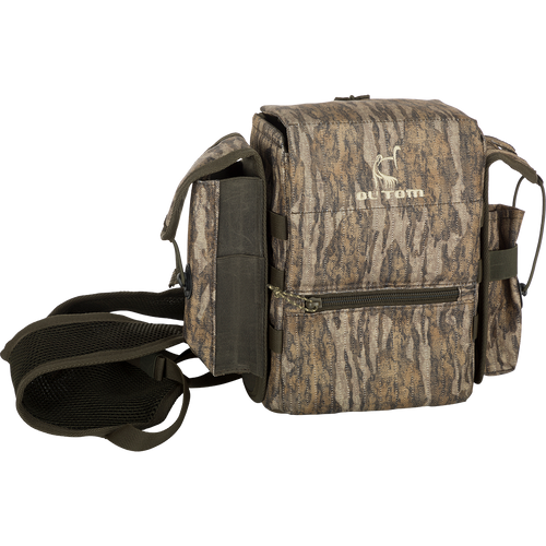 Run-N-Gun Turkey Chest Pack featuring a camouflage design, multiple pockets, and a detachable bino harness.