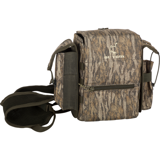 Run-N-Gun Turkey Chest Pack featuring a camouflage design, multiple pockets, and a detachable bino harness.