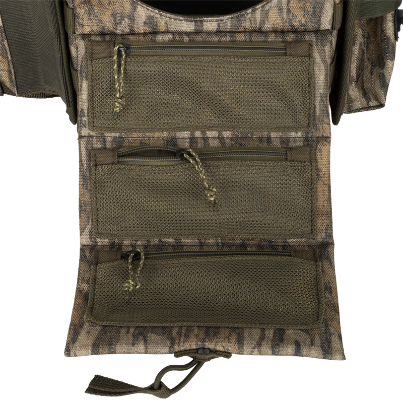 Run-N-Gun Turkey Chest Pack with multiple zippered pockets, detachable bino harness, and stowable rain fly, designed for lightweight hunting trips and gear organization.