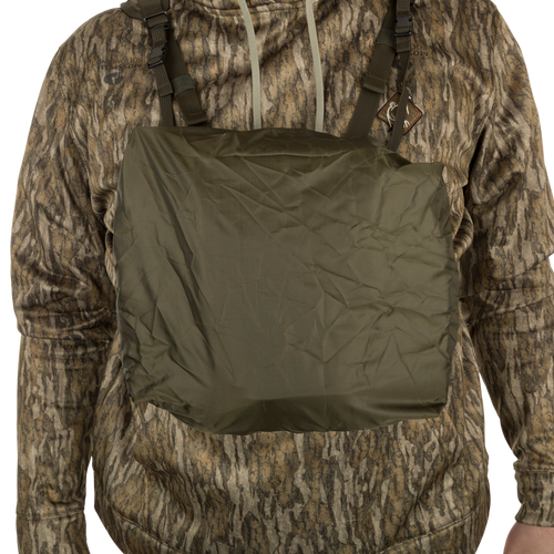 Run-N-Gun Turkey Chest Pack displayed on a person, showcasing its rain cover.