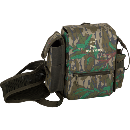 Run-N-Gun Turkey Chest Pack, a camouflage backpack ideal for hunting, features multiple pockets, a removable bino harness, and a stowable rain fly for versatile use.