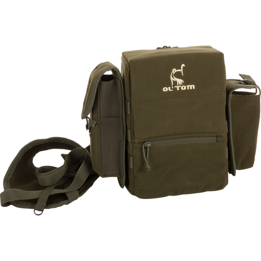 Run-N-Gun Turkey Chest Pack with logo, featuring a removable bino harness, multiple pockets, and a stowable rain fly, ideal for hunting trips.