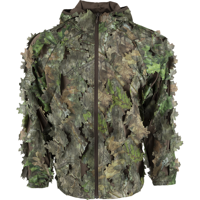 3D Leafy Jacket: A camouflage jacket with 3D leafy pattern cutouts, hood, zipper, and breathable mesh fabric for quiet concealment during turkey hunting.