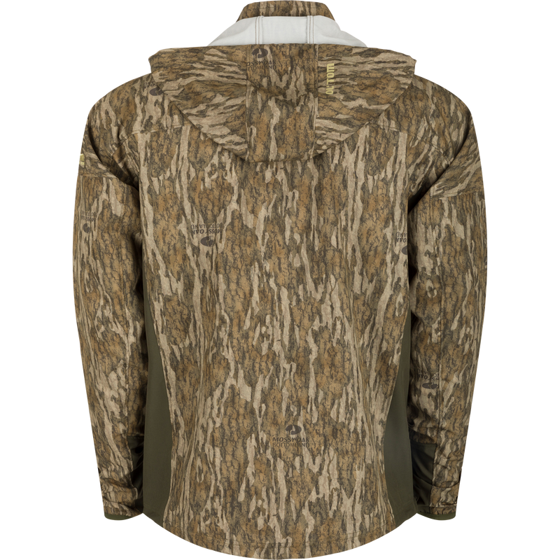 Rain Brake Lightweight Jacket with hood, camouflage pattern, adjustable hood and hem, and multiple zippered pockets, ideal for hunting and outdoor activities.