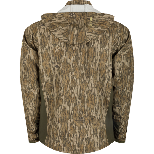 Rain Brake Lightweight Jacket with hood, camouflage pattern, adjustable hood and hem, and multiple zippered pockets, ideal for hunting and outdoor activities.