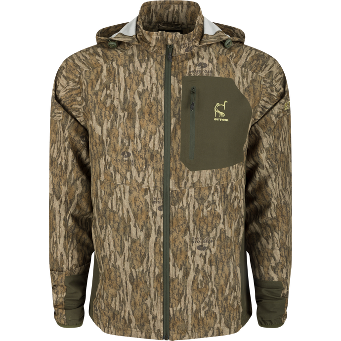 Rain Brake Lightweight Jacket with a camouflage pattern, featuring YKK zippered pockets, adjustable hood, and ergonomic thumbhole cuffs for optimal concealment and weather protection.