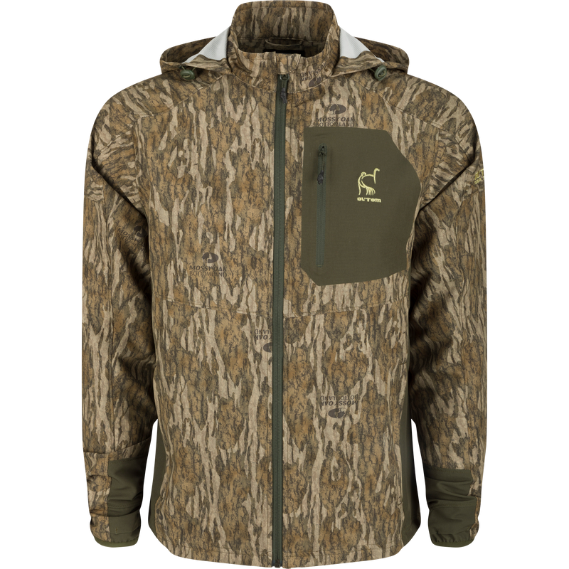 Rain Brake Lightweight Jacket with a camouflage pattern, featuring YKK zippered pockets, adjustable hood, and ergonomic thumbhole cuffs for optimal concealment and weather protection.