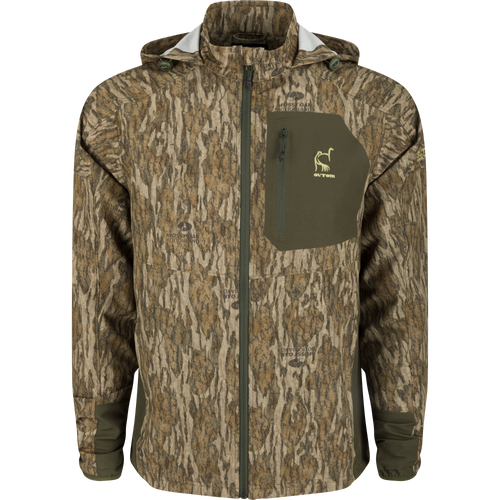 Rain Brake Lightweight Jacket with a camouflage pattern, featuring YKK zippered pockets, adjustable hood, and ergonomic thumbhole cuffs for optimal concealment and weather protection.