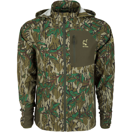 Rain Brake Lightweight Jacket featuring a camouflage pattern, adjustable hood, multiple zippered pockets, and stretch cuffs, designed for water resistance and comfort in outdoor settings.