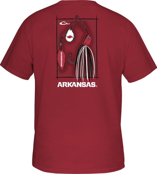 Arkansas Drake Lure T-Shirt showing the back with a graphic of a spinnerbait fishing lure and school logo. Front pocket with school logo.