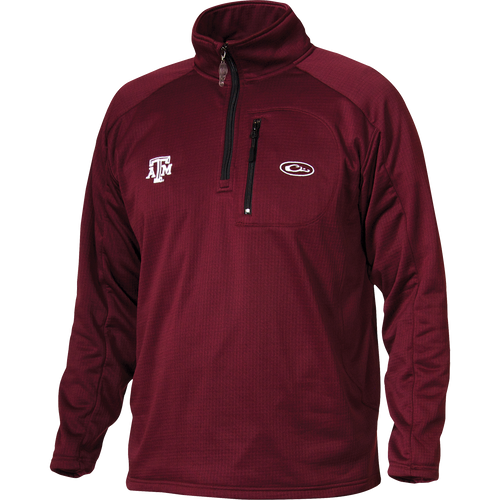 Texas A&M Breathelite 1/4 Zip: A red jacket with logo embroidery on the right chest. Made of 100% polyester with 4-way stretch and square check fleece backing. Features a vertical front chest zippered pocket. Ideal for active outdoorsmen in cool weather.