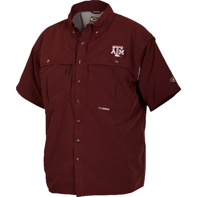 Texas A&M Wingshooter's Shirt S/S with logo, featuring front and back ventilation, oversized chest pockets, and a seven-button design for breathability and functionality.