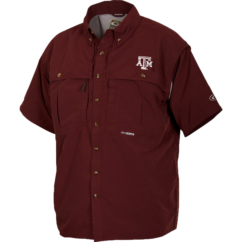 Texas A&M Wingshooter's Shirt S/S with logo, featuring front and back ventilation, oversized chest pockets, and a seven-button design for breathability and functionality.