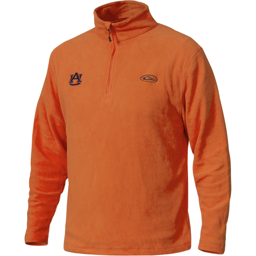 Auburn Camp Fleece Quarter Zip Pullover with embroidered logo on chest, featuring anti-pill micro-fleece for durability and moisture-wicking properties, ideal for layering.