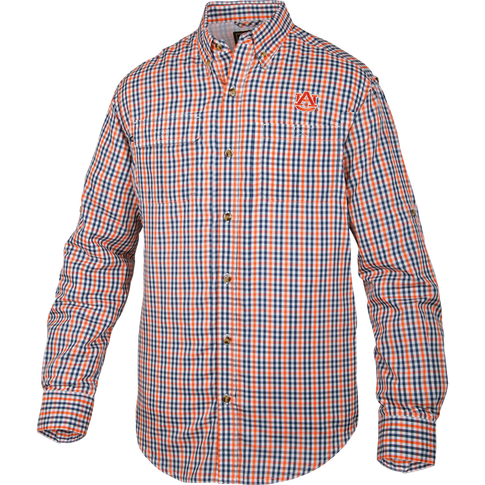 Auburn Gingham Plaid Wingshooter's Shirt L/S with logo, long sleeves, button details, and vented mesh back, ideal for cool weather and outdoor activities.