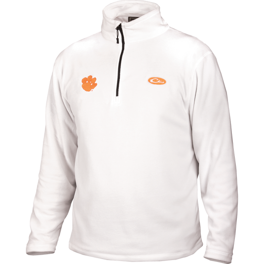 Clemson Camp Fleece 1/4 Zip Pullover with Tiger Paw logo. Midweight, moisture-wicking micro-fleece for fall layering. Ideal for hunting and outdoor activities.