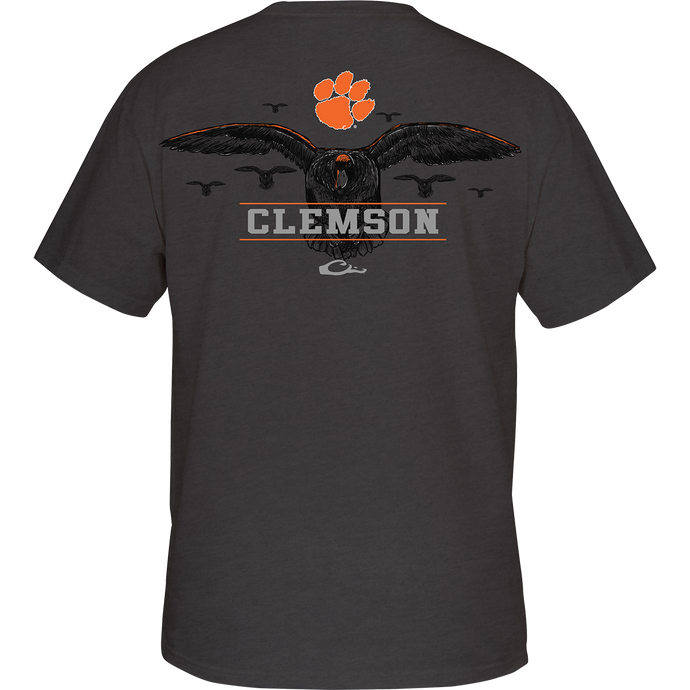 Clemson Cupped Up T-Shirt: Back of grey shirt with eagle and paw print, front features school logo. Perfect for duck season.