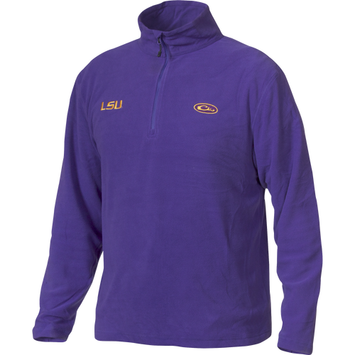 LSU Camp Fleece 1/4 Zip Pullover with yellow LSU logo, purple fleece, anti-pill, moisture-wicking, ideal for cool fall days.