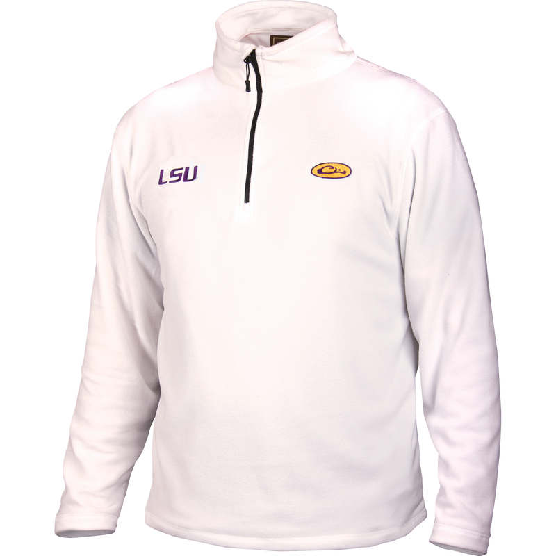 LSU Camp Fleece 1/4 Zip Pullover with embroidered logo and black zipper, ideal midweight layer for cool fall days.