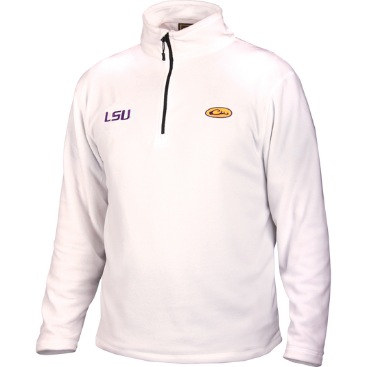 LSU Camp Fleece 1/4 Zip Pullover with embroidered logo and black zipper, ideal midweight layer for cool fall days.