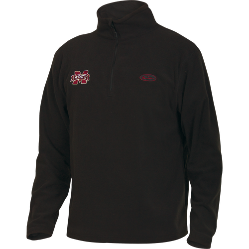 Mississippi State Camp Fleece 1/4 Zip Pullover with embroidered logo, featuring anti-pill micro-fleece and moisture-wicking properties, ideal for layering in cool weather.