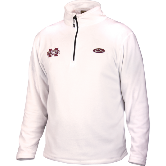 Mississippi State Camp Fleece 1/4 Zip Pullover with embroidered logo, zipper detail, and anti-pill finish, ideal for layering on cool fall days.