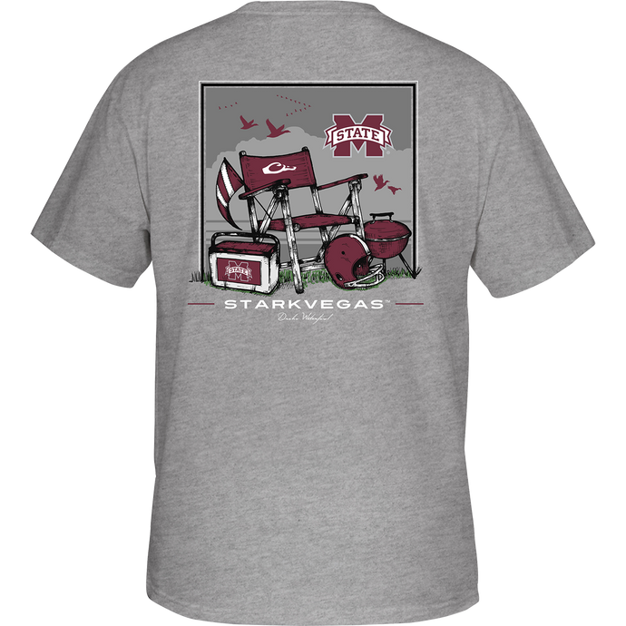 Mississippi State Beach T-Shirt: Back of a grey t-shirt with a beach scene featuring a picnic table, flag, and your school's logo. Front left chest has the Drake logo.