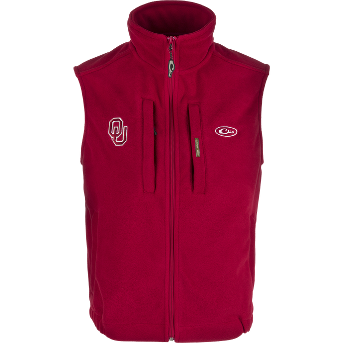 Oklahoma Windproof Layering Vest featuring a logo, vertical zippered chest pocket, and stand-up collar. Designed for high warmth-to-weight ratio and wind resistance.