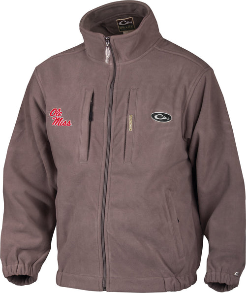 Ole Miss Windproof Layering Coat featuring a vertical zippered chest pocket, magnetic chest pocket, handwarmer pockets, and an embroidered Ole Miss logo on right chest.