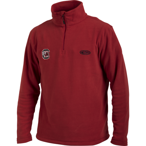 South Carolina Camp Fleece 1/4 Zip Pullover with embroidered university logo, features a moisture-wicking, anti-pill polyester micro-fleece, ideal for cool fall days.