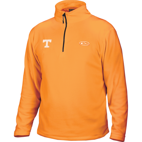 Tennessee Camp Fleece 1/4 Zip Pullover, a mid-weight layering garment with University of Tennessee logo on right chest. Anti-pill finish for longer fabric life.