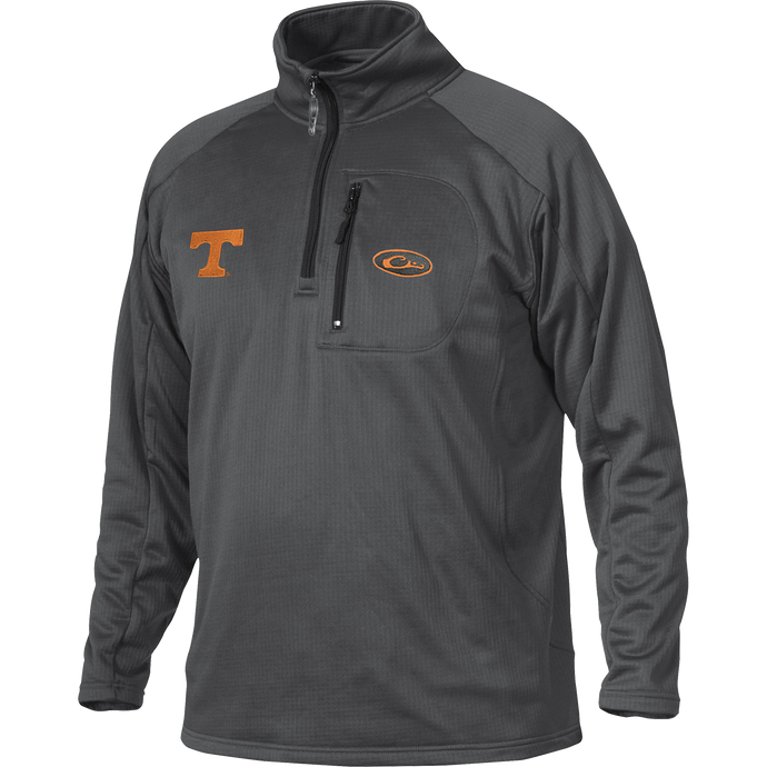 A grey jacket with a logo on the right chest, featuring a zipper pocket on the front. Made of 100% polyester with 4-way stretch and square check fleece backing. Ideal for active outdoorsmen in cool weather.