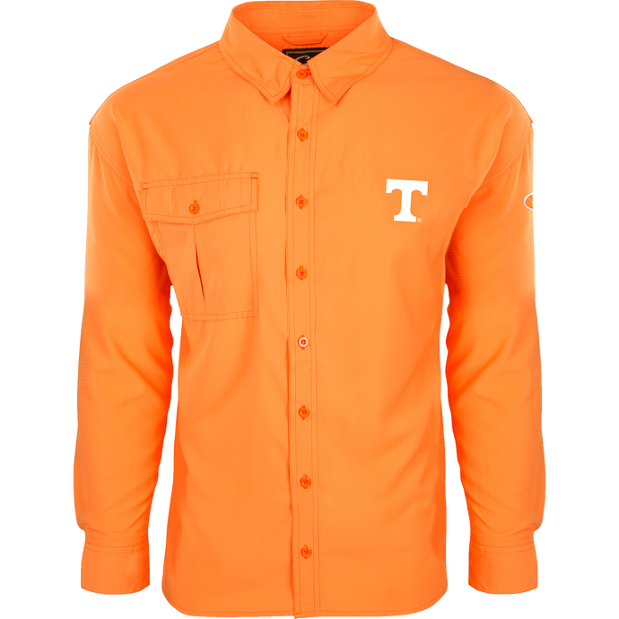 Tennessee L/S Flyweight Shirt, long-sleeved with button-up front, breathable mesh back, and large chest pocket, designed for quick-drying and moisture-wicking in warm weather.