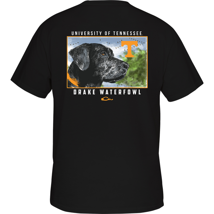 Tennessee Black Lab T-Shirt: Back of a black t-shirt with a dog on it, featuring a black lab head scene with your school's logo. Front left chest Drake logo in your school's color.